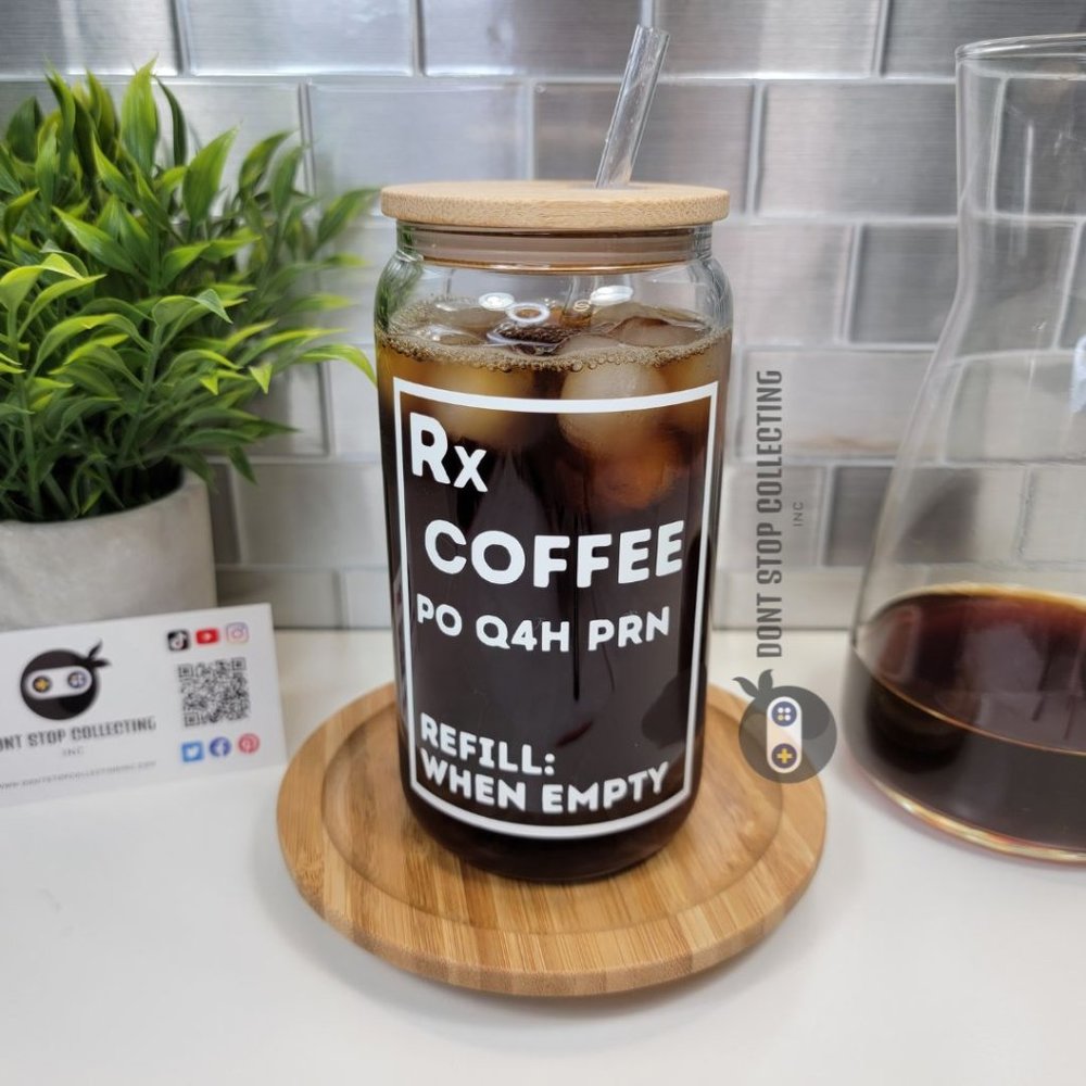 Vinyl Coffee Prescription Design Can Glass 16 Oz / 473 ml - Hand Made